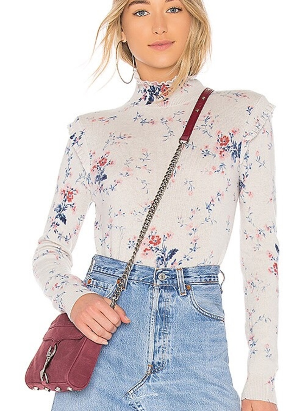 Joie Cream Floral Mock Neck Sweater with Blue and Pink Blooms